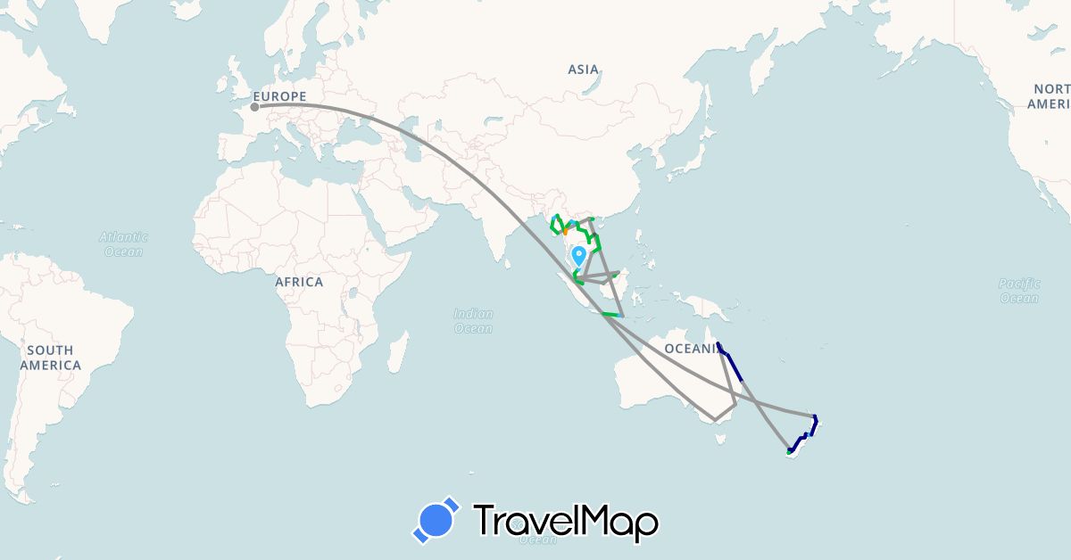 TravelMap itinerary: driving, bus, plane, hiking, boat, hitchhiking, motorbike in Australia, Brunei, France, Indonesia, Laos, Myanmar (Burma), Malaysia, New Zealand, Singapore, Thailand, Vietnam (Asia, Europe, Oceania)